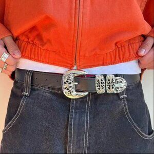 vintage chrome buckle black american western design belt